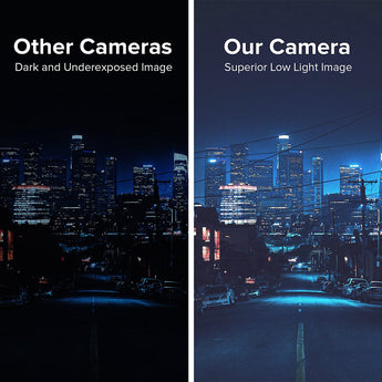 Comparison of low light images showing other cameras' dark underexposed image versus superior low light image from our  license plate frame backup camera rear view. 