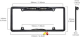 Black backup camera rear view license plate frame with LED lights and wiring connectors.