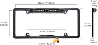 Black backup camera rear view license plate frame with LED lights and wiring connectors.
