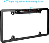 Black backup camera rear view license plate frame with LED lights and wiring connectors.