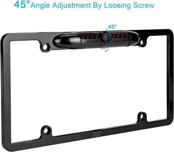 Black backup camera rear view license plate frame with LED lights and wiring connectors.