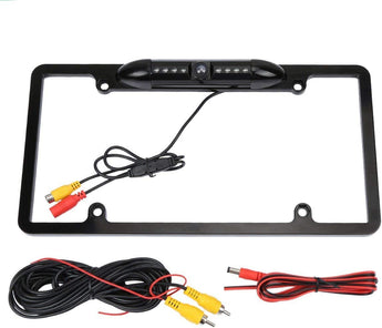 Black backup camera rear view license plate frame with LED lights and wiring connectors.
