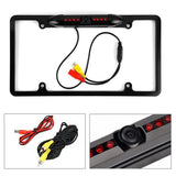 Black backup camera rear view license plate frame with cables and night vision LED lights.
