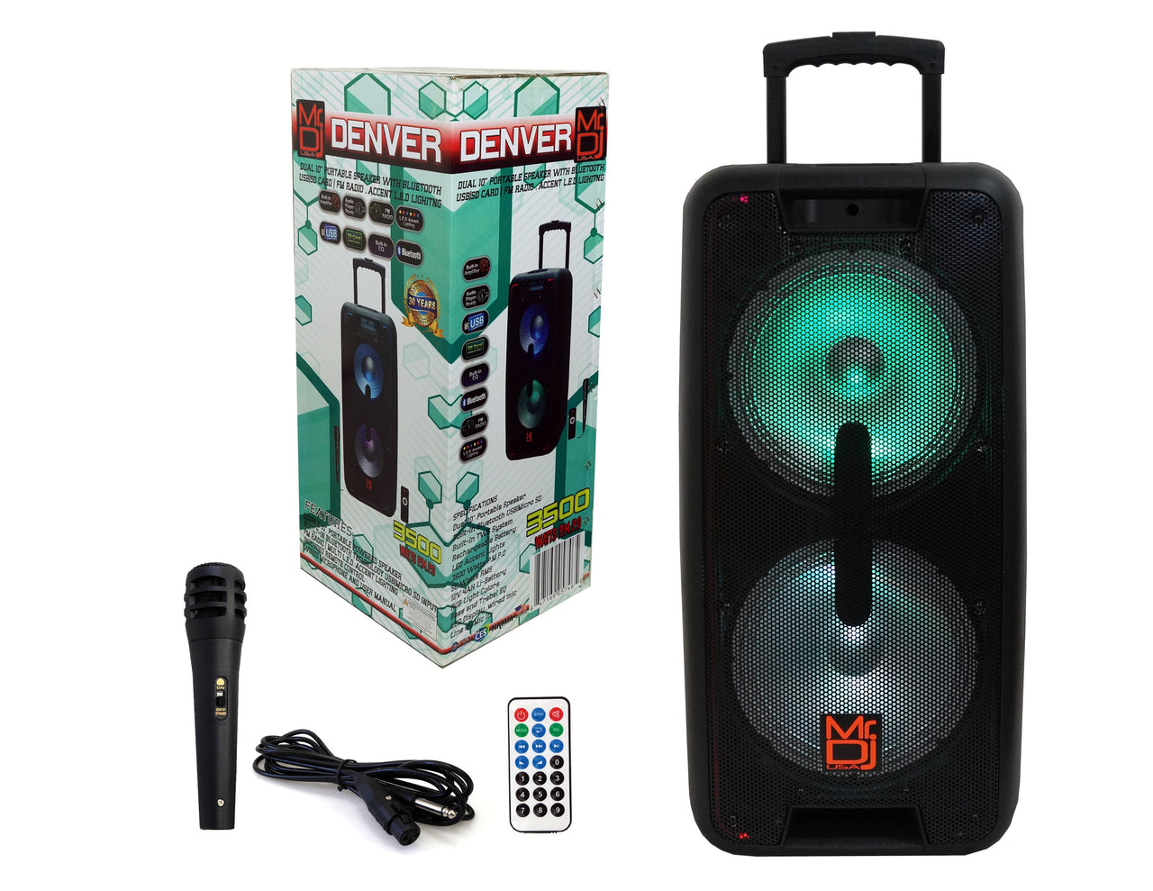 Mr. DJ DENVER Dual 10" Portable Bluetooth Speaker Dual 10" Portable Trolley PA DJ Active Powered Bluetooth TWS Speaker 3500 Watts LCD/MP3/USB/micro SD