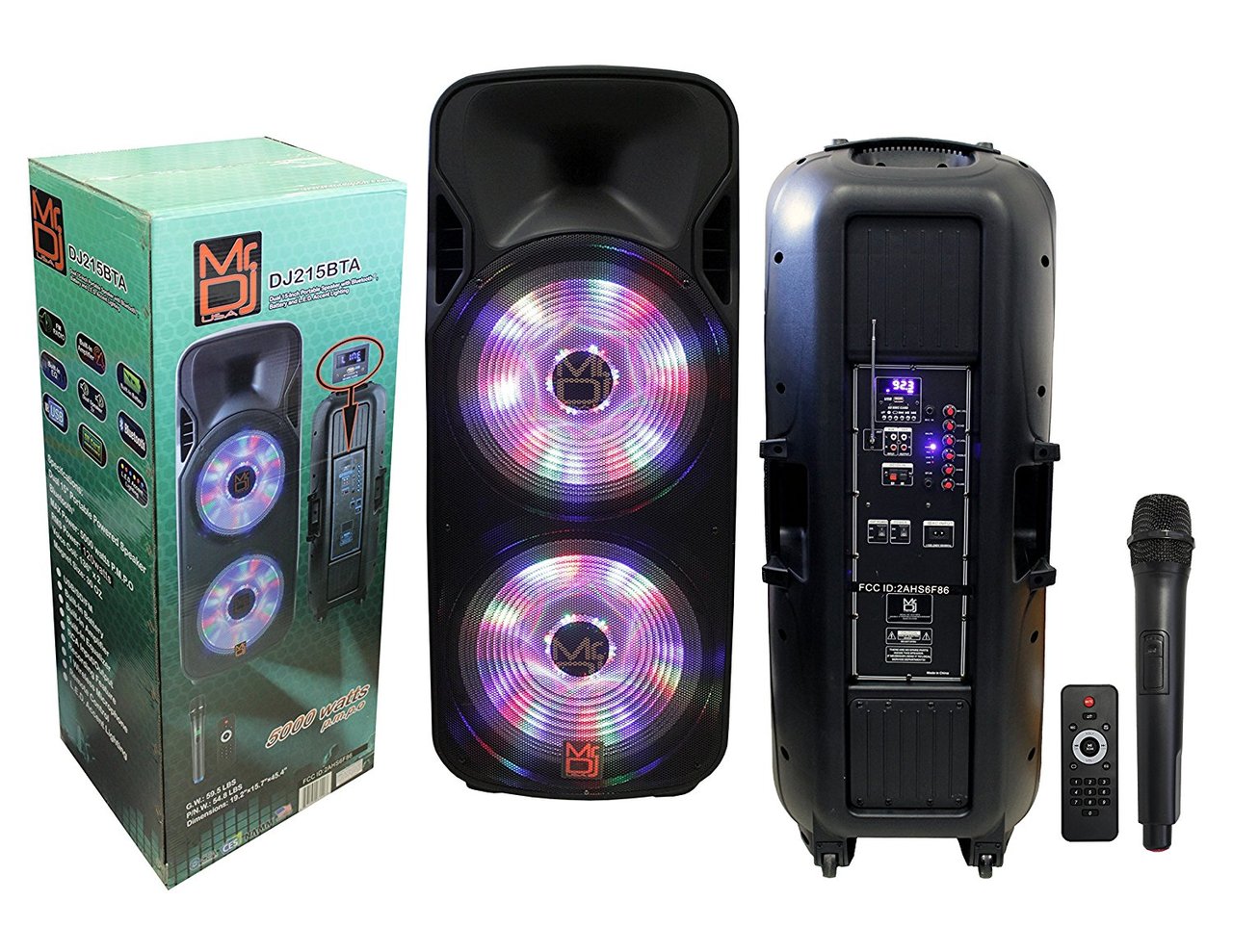 MR DJ DJ215BTA AFTER PARTY Dual 15" 5000W Max Power Speaker with Built-In Bluetooth & Battery, 1" LCD/MP3/USB/SD Slot