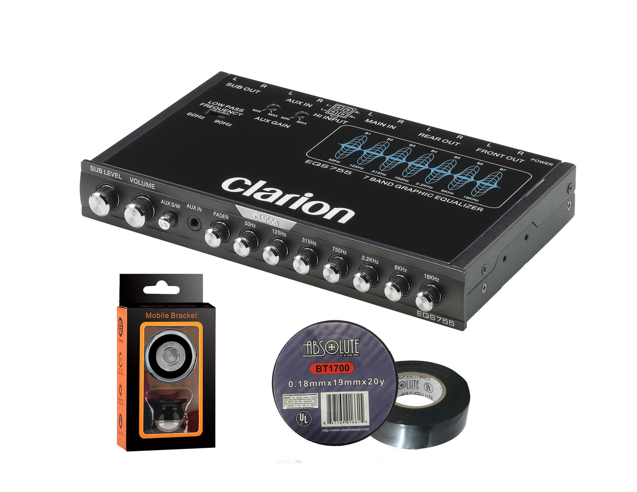 Clarion EQS755 7-Band Car Audio Graphic Equalizer + Free Absolute Electrical Tape+ Phone Holder