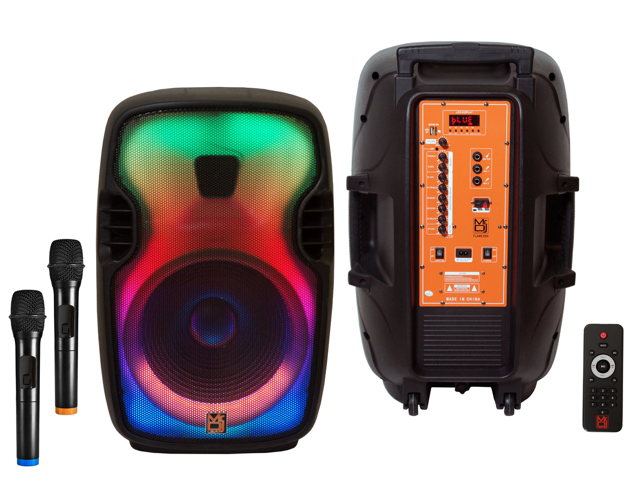 2 MR DJ FLAME3500LED PRO Portable 15” 2-Way Full-Range Powered/Active DJ PA Multipurpose Live Sound Bluetooth Loudspeaker