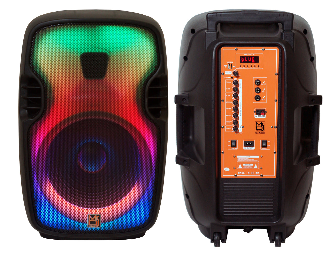 2 MR DJ FLAME3500LED PRO Portable 15” 2-Way Full-Range Powered/Active DJ PA Multipurpose Live Sound Bluetooth Loudspeaker