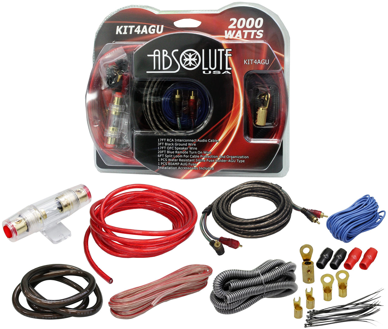 Absolute KIT4AGU PRO Marine Auto Car RV Amplifier Complete Installation Amp Kit