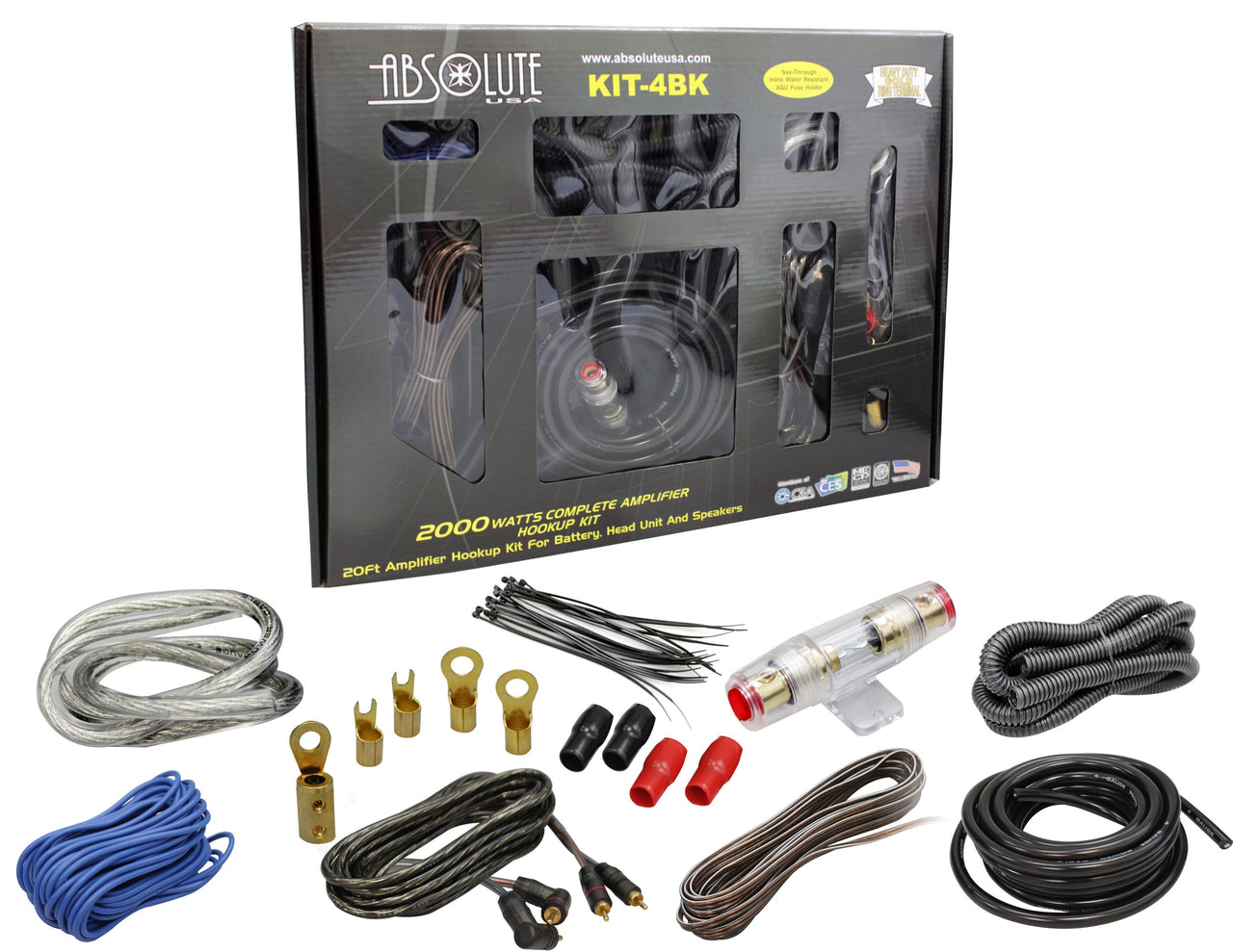 Absolute KIT4BK AMP KIT<br/>Complete PRO Marine Auto Car RV 4 Gauge 2000 Watts Amplifier Complete Installation Amp Kit Power Wiring with Black Accent Color Scheme
