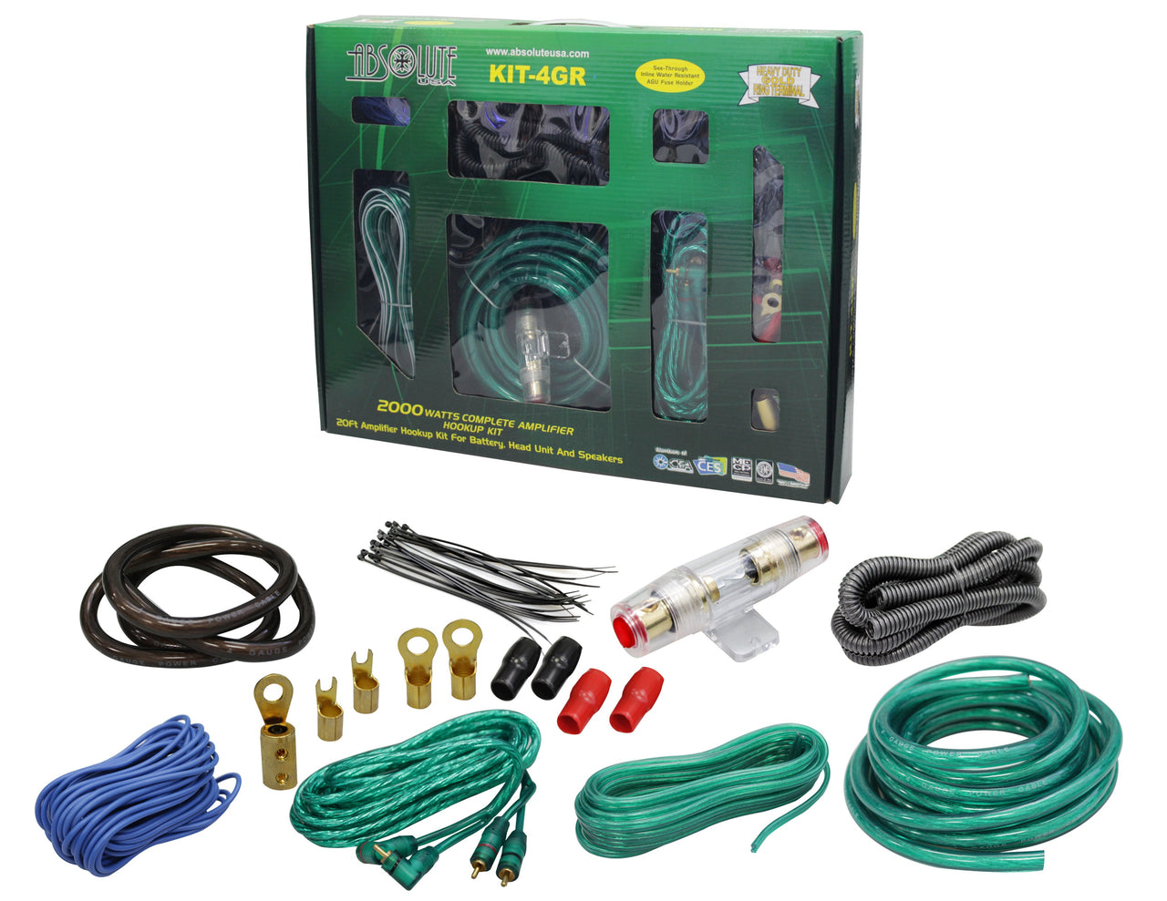 Absolute KIT4GR AMP KIT Complete PRO Marine Auto Car RV 4 Gauge 2000 Watts Amplifier Complete Installation Amp Kit Power Wiring with Green Accent Color Scheme