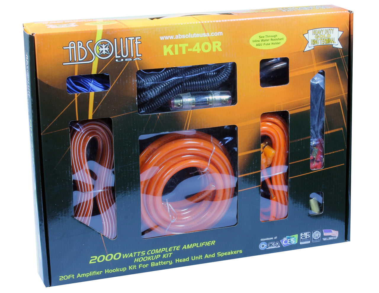 Absolute KIT4OR AMP KIT<br/>Complete PRO Marine Auto Car RV 4 Gauge 2000 Watts Amplifier Complete Installation Amp Kit Power Wiring with Orange Accent Color Scheme