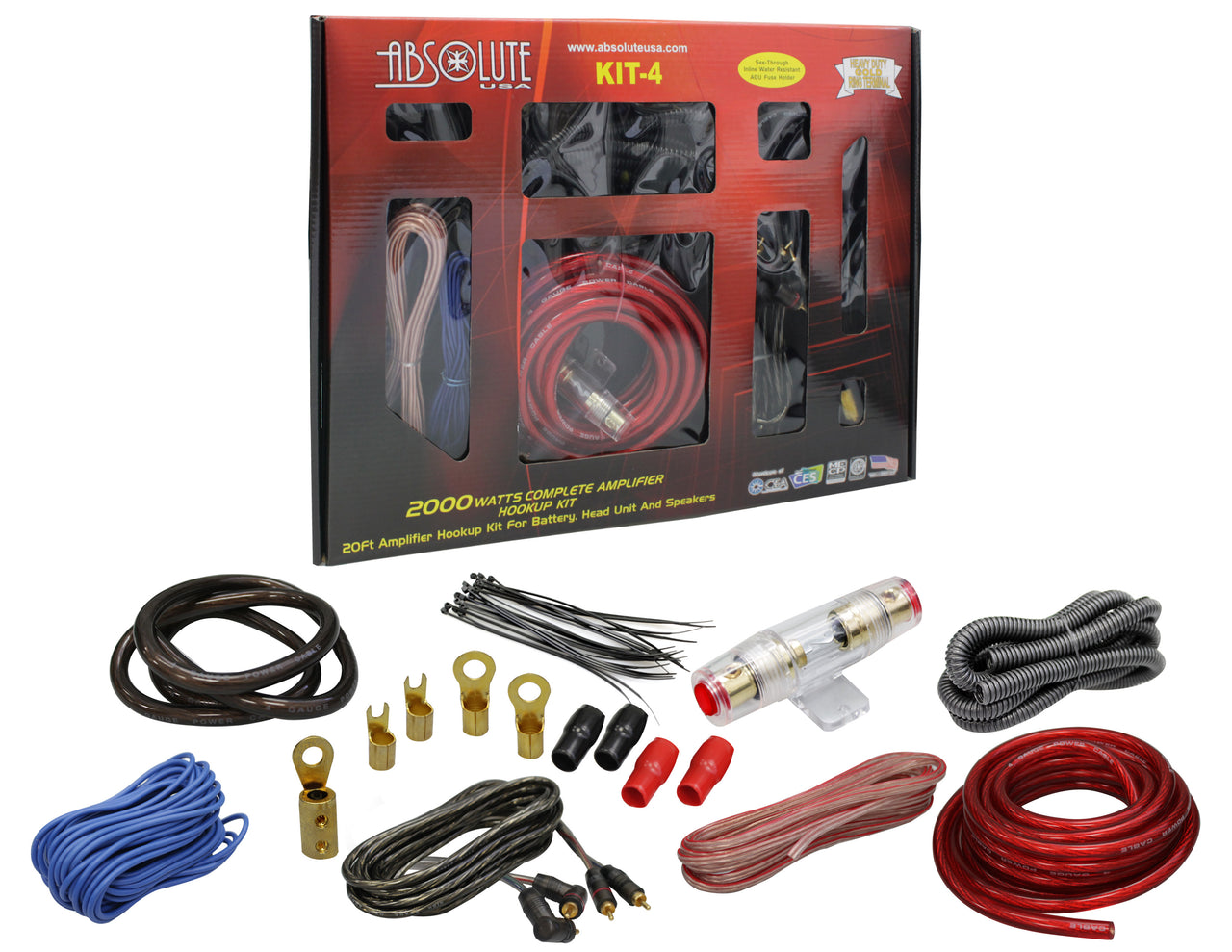 Absolute 2000W KIT-4 Gauge Amp Kit Amplifier Install Wiring Complete 4 Ga Car Wires Red