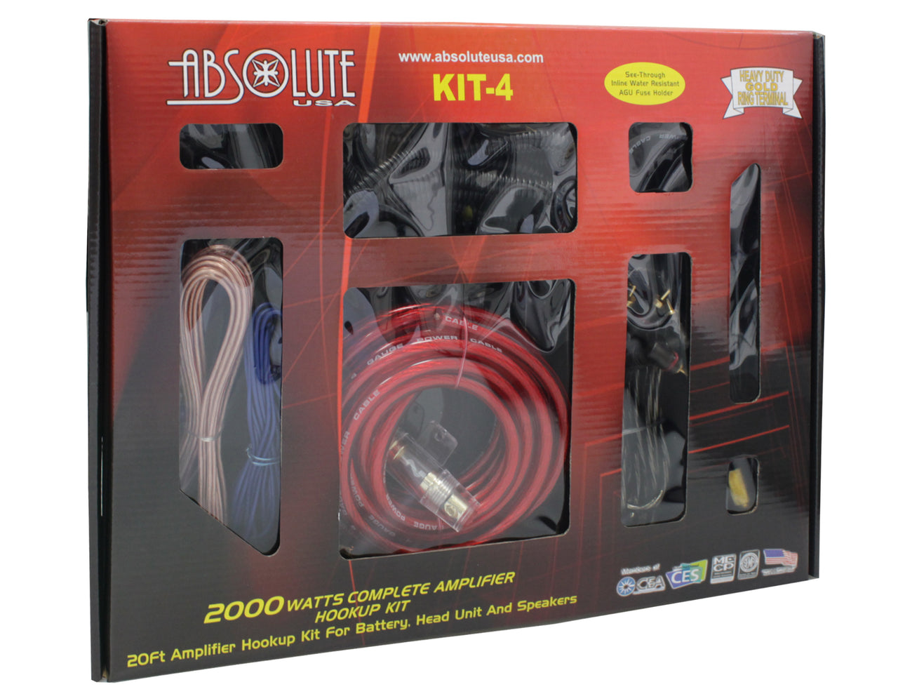 Absolute 2000W KIT-4 Gauge Amp Kit Amplifier Install Wiring Complete 4 Ga Car Wires Red