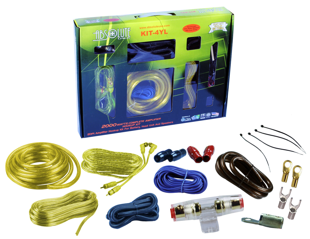 Absolute KIT4YL AMP KIT<br/>Complete PRO Marine Auto Car RV 4 Gauge 2000 Watts Amplifier Complete Installation Amp Kit Power Wiring with Yellow Accent Color Scheme