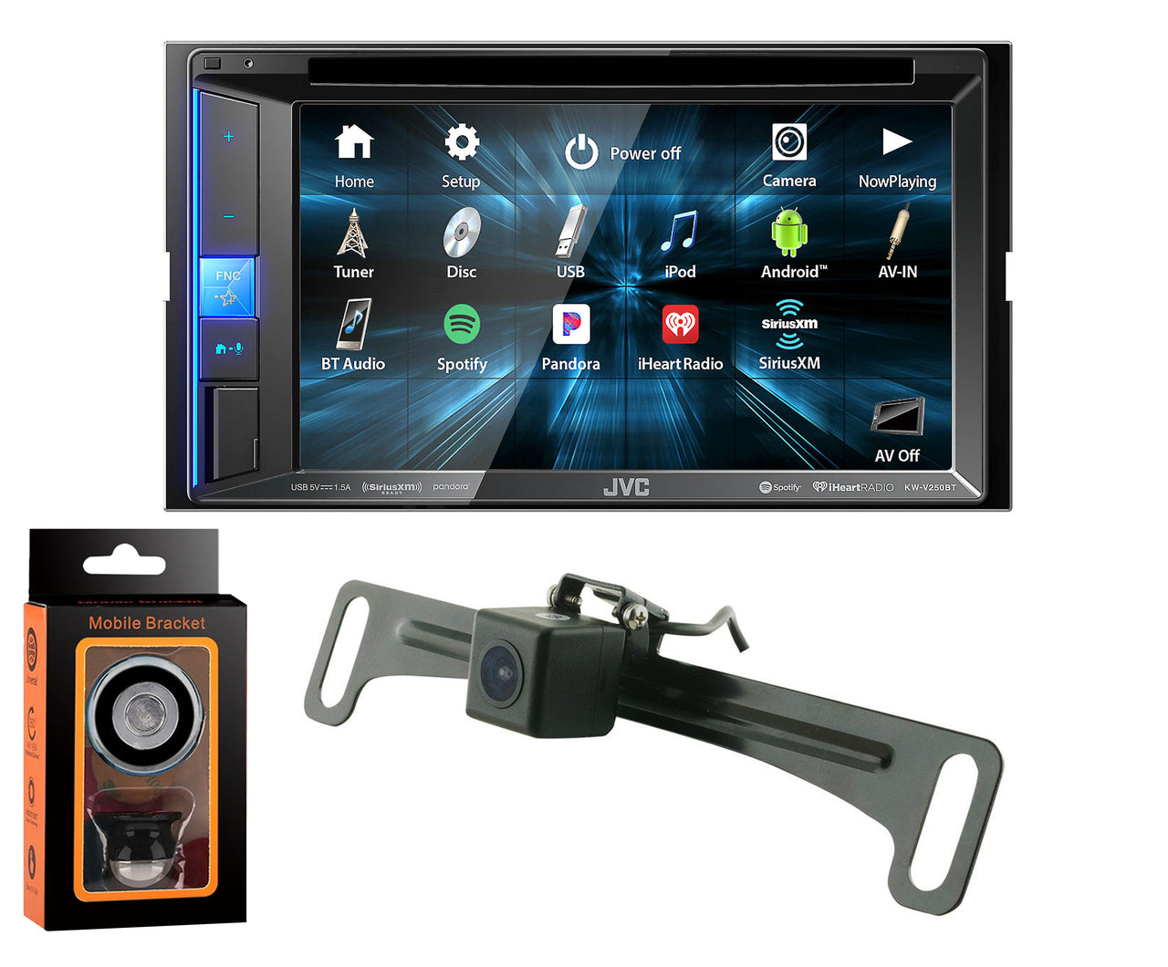 JVC KW-V250BT Car DVD CD Receiver 6.2" Monitor w/Bluetooth/13-Band EQ + Absolute CAM900 Rearview Camera & Magnet Phone Holder