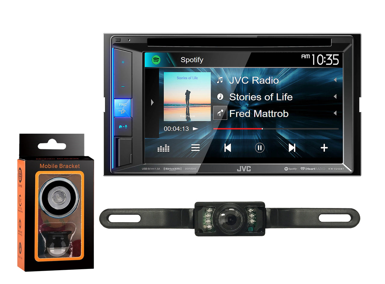 JVC KW-V250BT Car DVD CD Receiver 6.2" Monitor w/Bluetooth/13-Band EQ + Absolute CAM600 Rearview Camera & Magnet Phone Holder