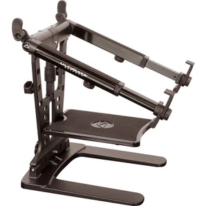 Ultimate Support LPT-1000QR Hyper Series Desktop and 5/8” Thread Mountable Laptop/DJ Stand with Angle-adjustable Telescoping Support Arms, Height-adjustable Second Tier, and QuickRelease™ Center Post