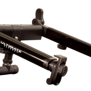 Ultimate Support LPT-1000QR Hyper Series Desktop and 5/8” Thread Mountable Laptop/DJ Stand with Angle-adjustable Telescoping Support Arms, Height-adjustable Second Tier, and QuickRelease™ Center Post