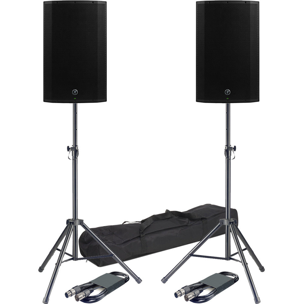 2 Mackie Thump215XT 1400W Boosted 15" Powered Speaker & MR DJ Speaker Stand & 12' XLR Cables