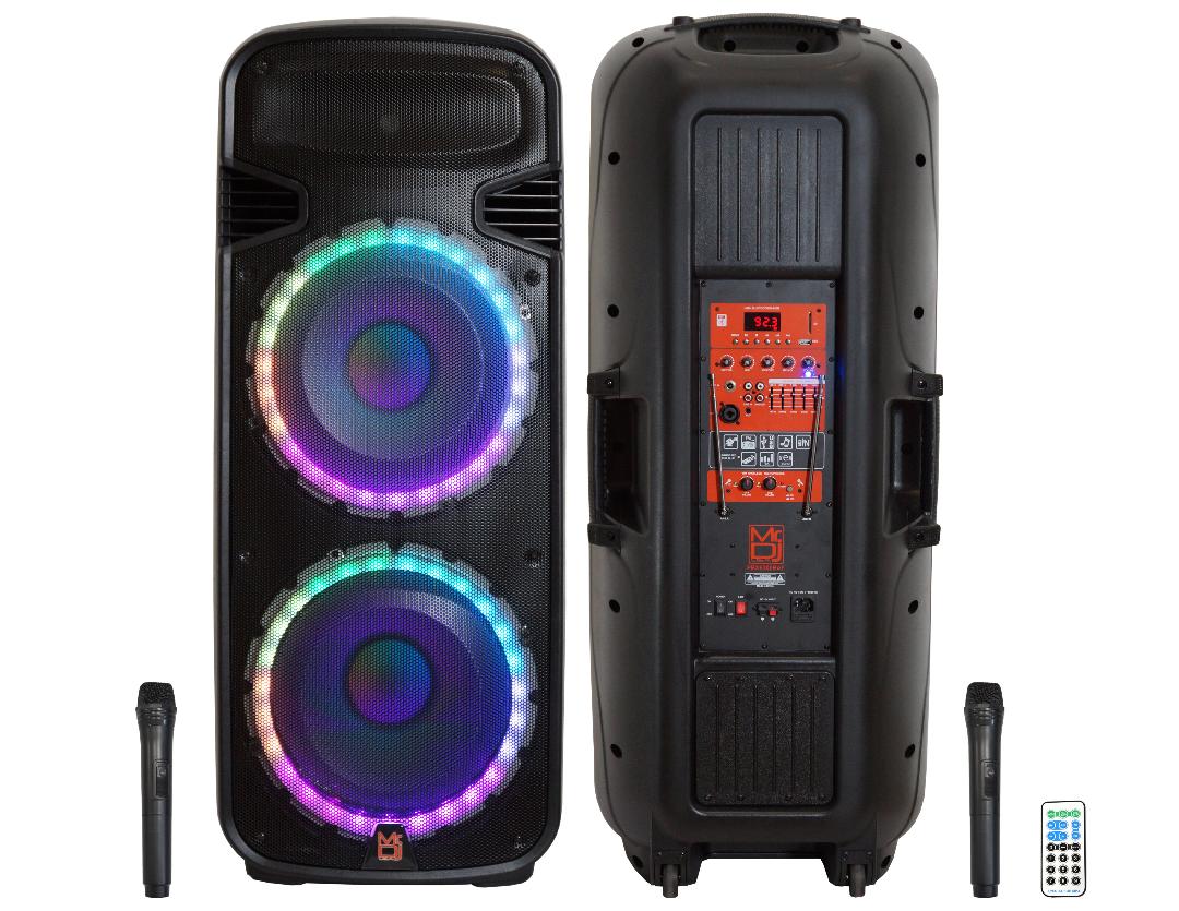 2 MR DJ PBX6300BAT 4500 Watts Dual 12" Rechargeable PA DJ Party Speaker Bluetooth, Light, Echo, MIC