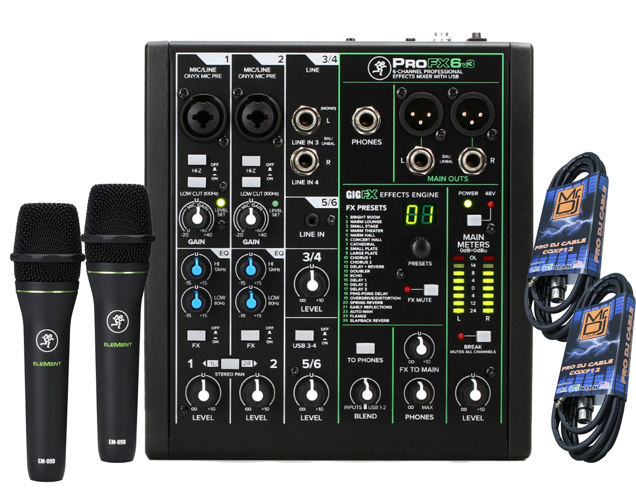 Mackie ProFX6v3 6-Channel Mixer with Built-in Effects and USB + 2 Mackie EM-89D Cardioid Dynamic Vocal Microphone + Free Microphone Cables