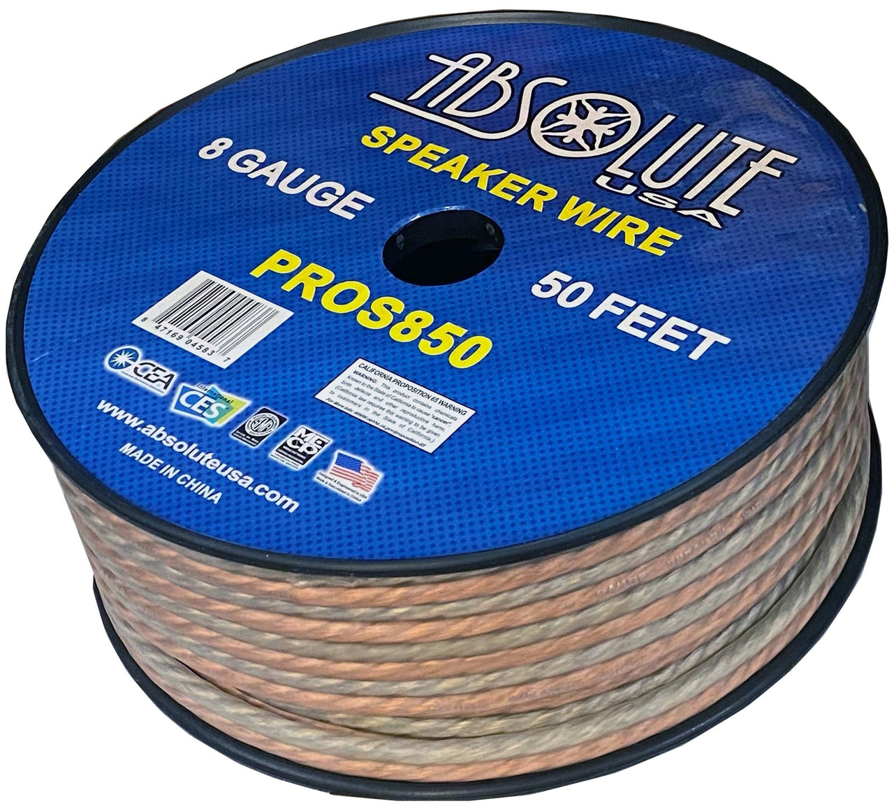 Absolute USA PROS850 8 Gauge Speaker Wire<br/>50' 8 Gauge PRO PA DJ Car Home Marine Audio Speaker Wire Cable Spool