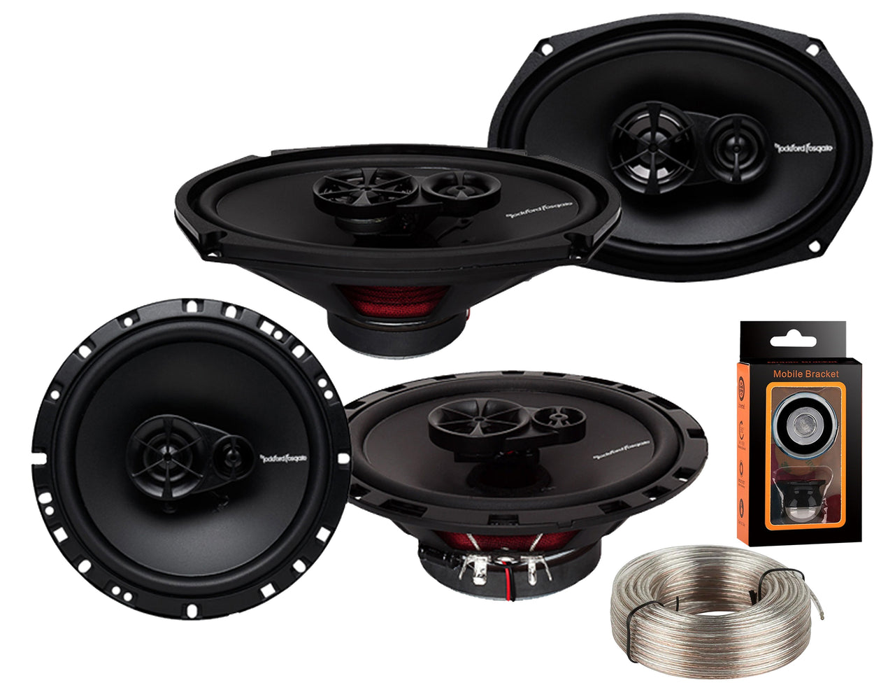 Pair of Rockford Fosgate Prime R169X3 6" x 9" 3-Way Prime Series Coaxial Speakers + R165X3 6. 5" 3-Way Prime Series Coaxial Speakers + Absolute 100FT Speaker Wire + Magnet Phone Holder