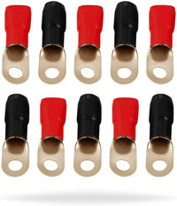 Thumbnail for Patron P0GRT10 0 Gauge Gold Ring Terminal 10 Pack 1/0 AWG Wire Crimp Cable Red Black Boots 5/16
