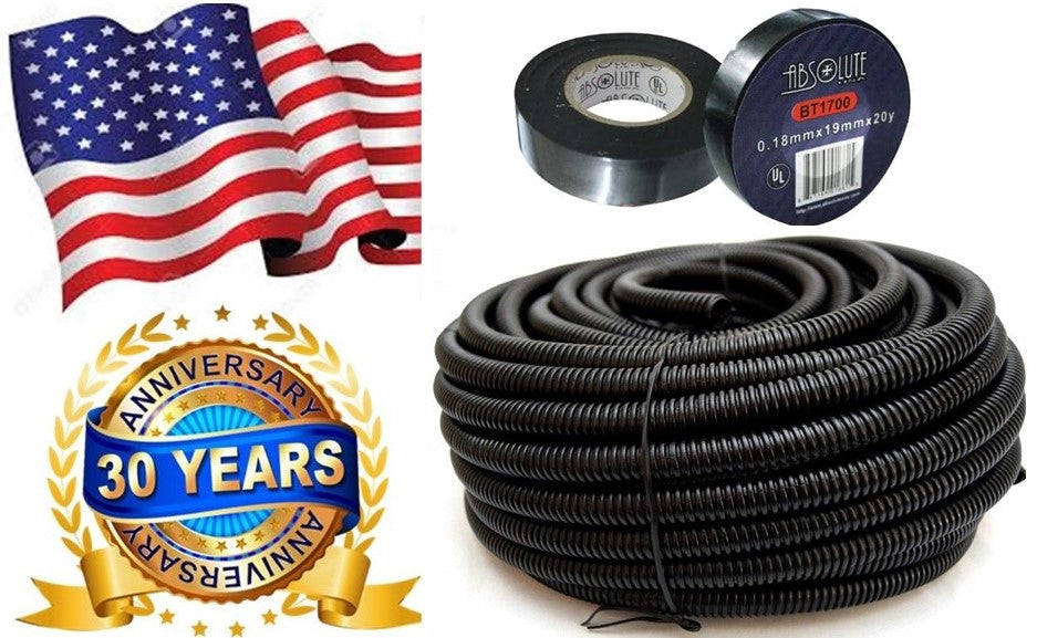 Absolute SLT14 100' 100 feet 1/4" split loom wire tubing hose cover auto home marine + electrical tape