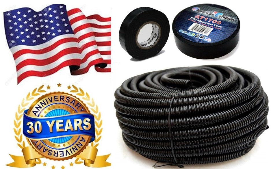 American Terminal  ASLT14 100' + Electrical Tape<BR/> 100 feet 1/4" split loom wire tubing hose cover auto home marine + electrical tape