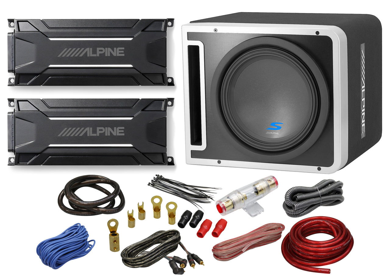 Alpine S-SB12V 12" Vented Loaded Halo Enclosure with Alpine KTA-30MW Mono and KTA-30FW 4-Channel Weather Resistant Amplifiers