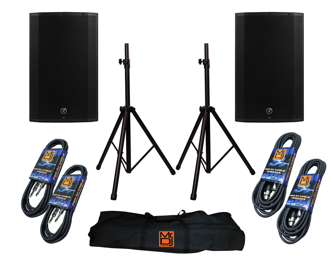 Mackie Thump212 12" Powered Loudspeaker with MR DJ Heavy Duty Aluminum Speaker Stands with 1/4 inch Cables, Carrying Case & 2 XLR Cables Bundle