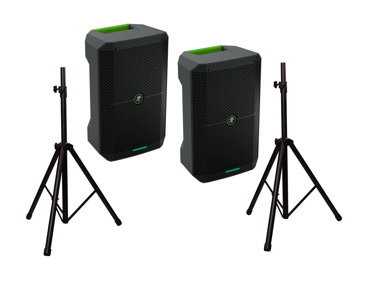 2 Mackie Thump GO 200 watt 8" 2-way Battery-powered portable loudspeaker & MR DJ Speaker Stand