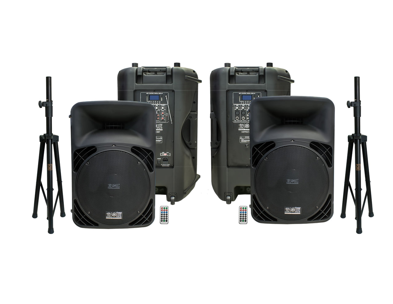 2 USPRO15BT 15" Active Self Powered Amplified PRO PA DJ Loudspeaker with Bluetooth, MP3, FM Radio, Karaoke + Tripod Stand