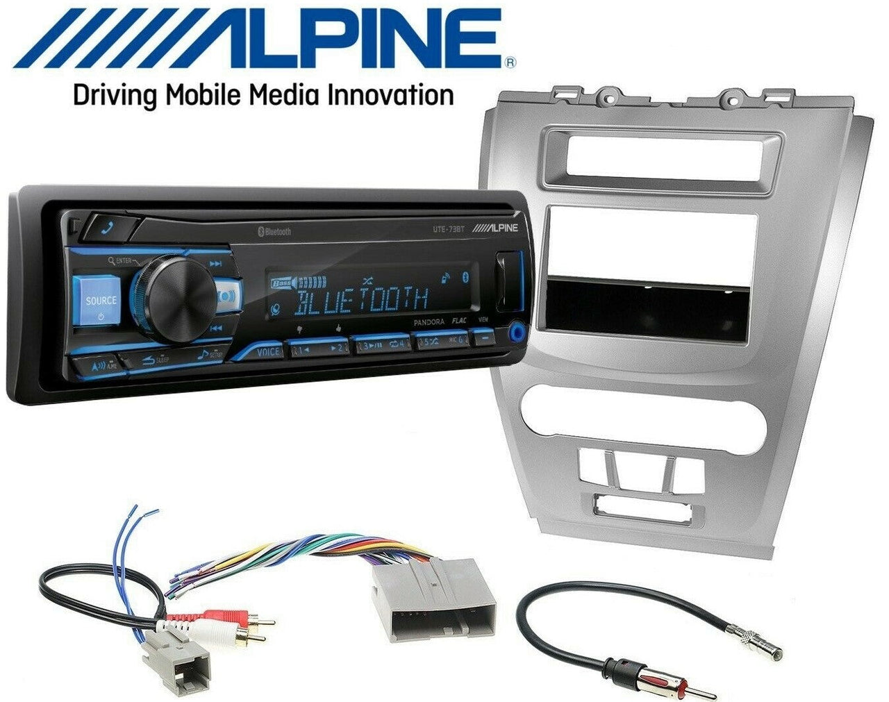 Alpine UTE-73BT, Single-DIN Digital Media Stereo w/ Bluetooth, USB & Auxiliary + Metra 99-5821S Single or Double DIN Dash Kit for Ford Fusion 2010-2012 - Silver