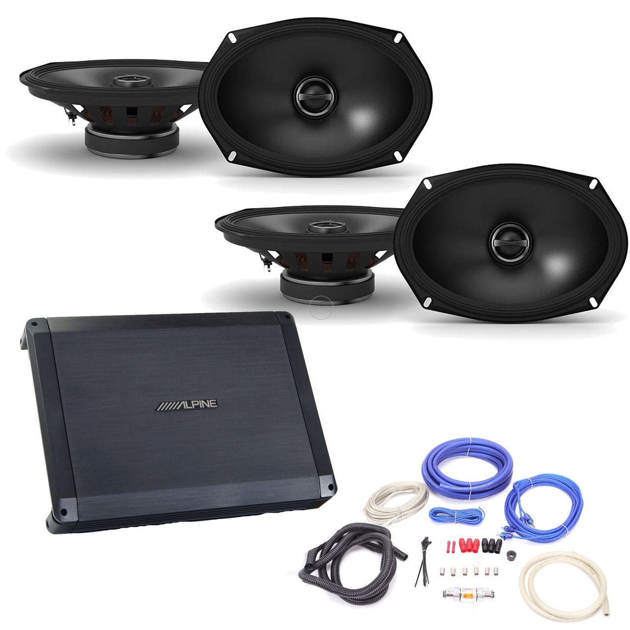 Alpine BBX-F1200 Amplifier with Two Pair Of Alpine S-S69 6X9 Coax Speakers, and Wiring Kit