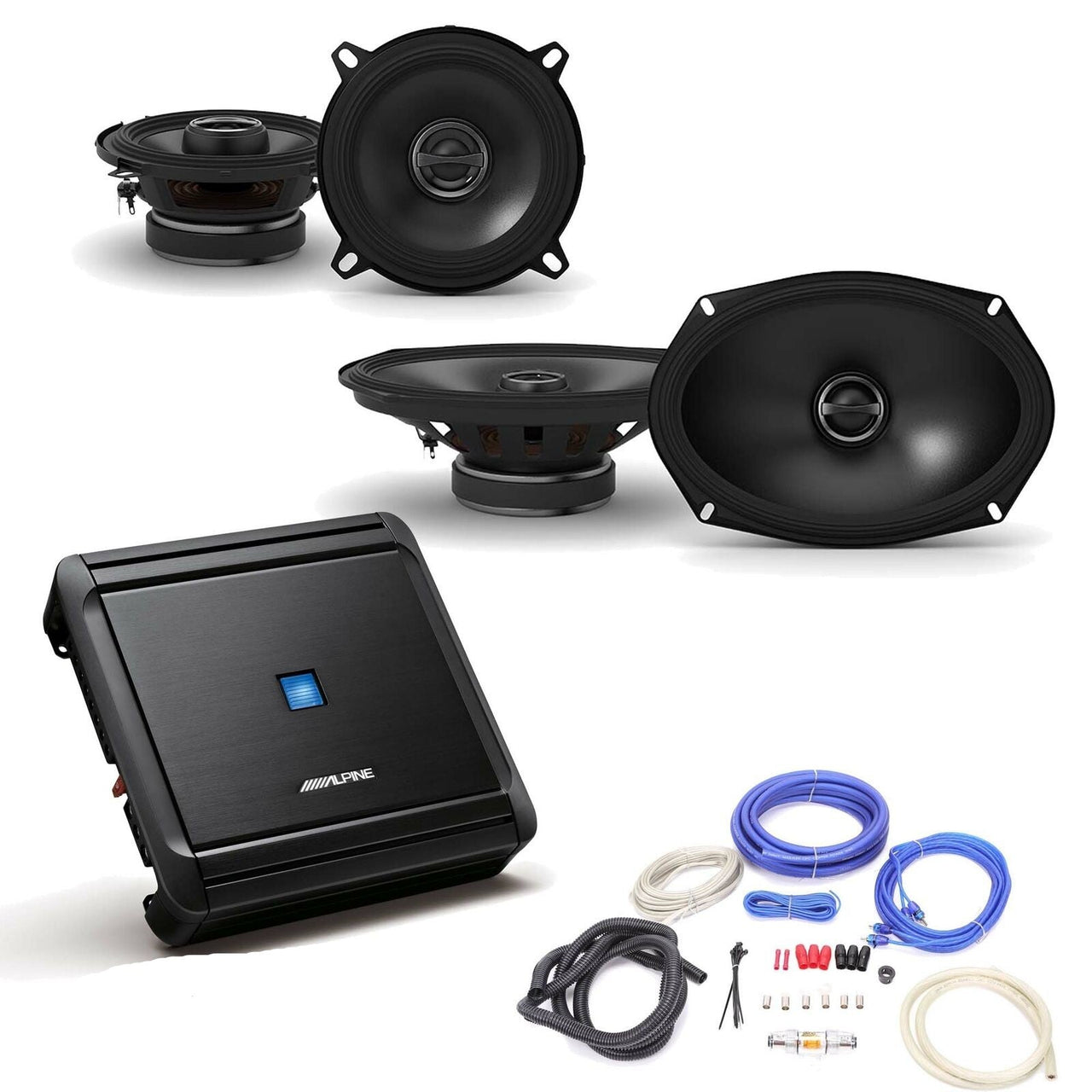 Alpine S-A32F 4 Ch Amp + S-S69 6X9" S-S50 5.25" Coax Speakers and Wiring Kit