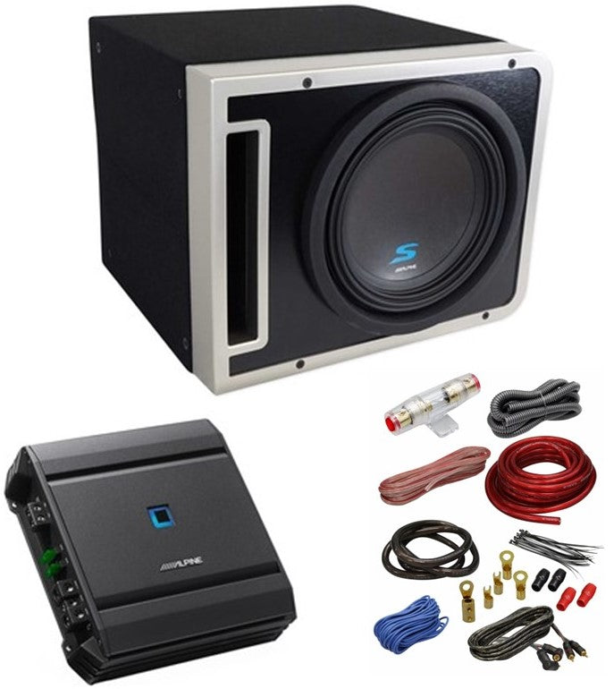 Alpine S-SB10V 10" 600w S-S10D4 Subwoofer Ported Sub Enclosure Box Alpine Amp S-A60M & 4 Gauge KIT4 Amp Kit