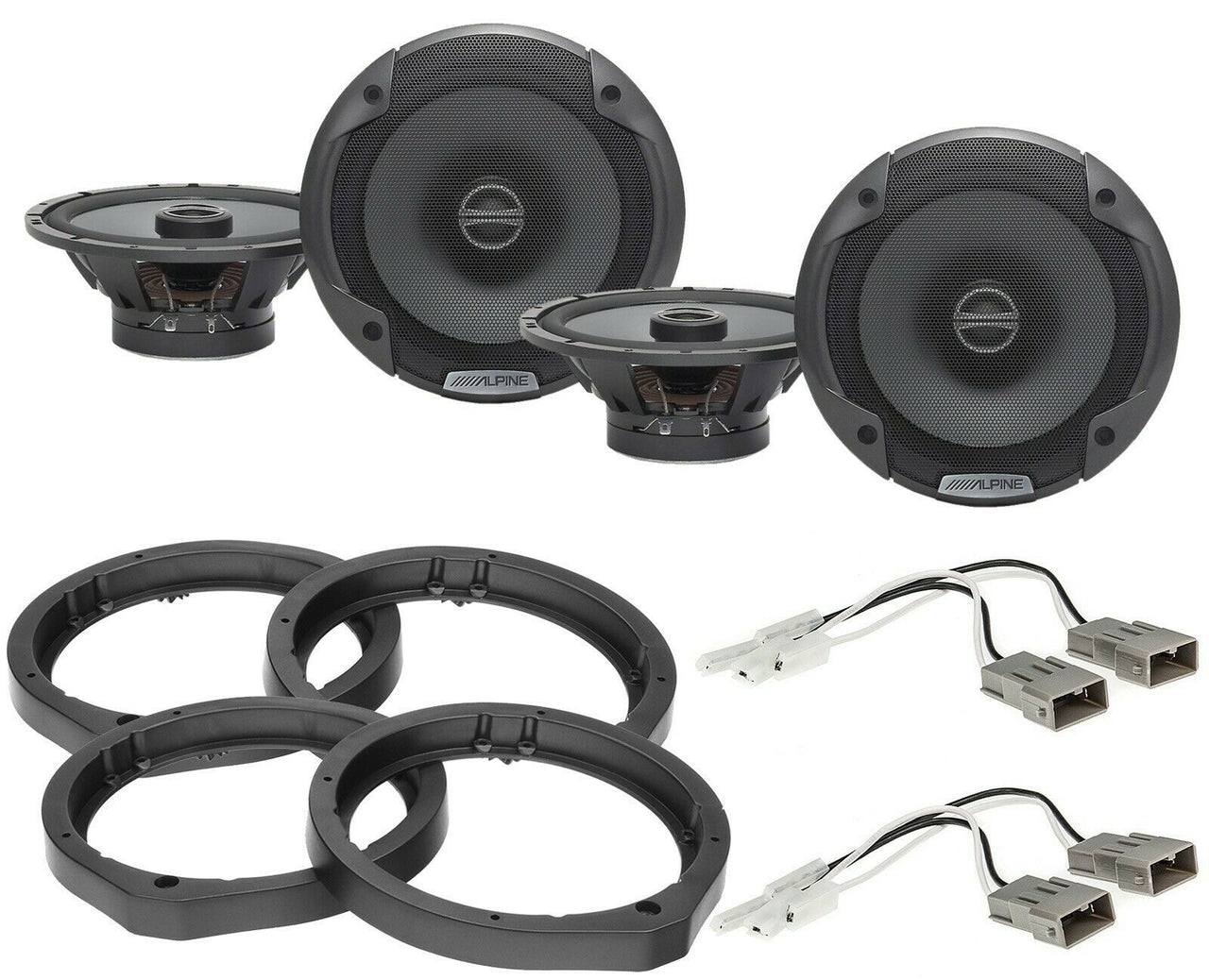 2 Alpine SPE-6000 + Front & Rear Speaker Adapters + Harness For Select Honda and Acura Vehicles