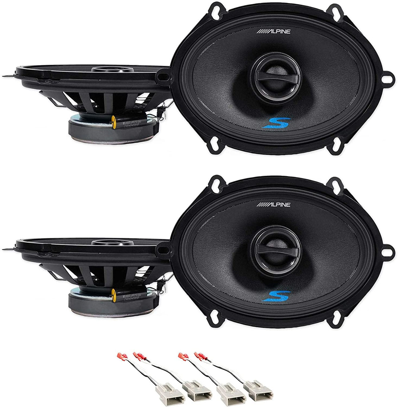 2 Pair ALPINE S-S57 230 Watt 5x7" or 6x8" Coaxial 2-Way Car Audio Speakers Bundle With METRA 72-5512 Speaker Wire Harness Connector Compatible With 1987-Up Ford