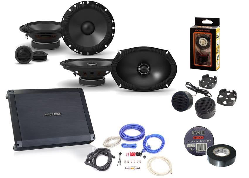 Alpine BBX-F1200 Amplifier with Alpine S-S65C Component, S-S69 6X9" Coax Speakers and Wiring Kit