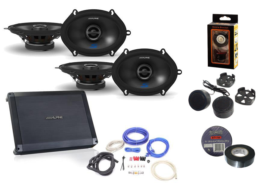 Alpine BBX-F1200 Amplifier with Two Pair Of Alpine S-S57 5X7/6X8" Coax Speakers, and Wiring Kit