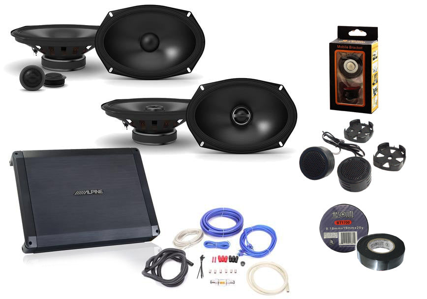 Alpine BBX-F1200 Amplifier with Alpine S-S69C 6X9 Component, S-S69 6X9" Coax Speakers and Wiring Kit