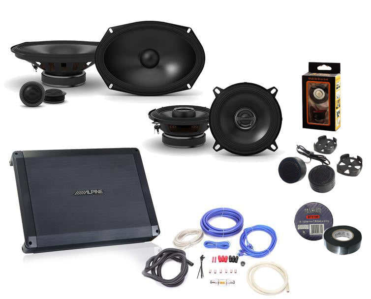 Alpine BBX-F1200 Amplifier with Alpine S-S69C 6X9 Component Set, S-S50 5.25" Coax Speakers and Wiring Kit