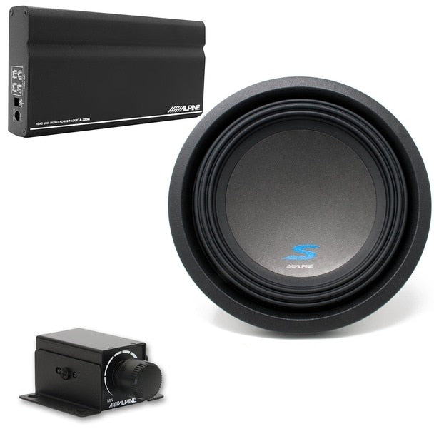 Alpine S-W10D2 RUX-KNOB.2 KTA-200M Mono Power Pack Class-D Amp with S-W10D2 10" Subwoofer and RUX-KNOB.2 Bass Knob