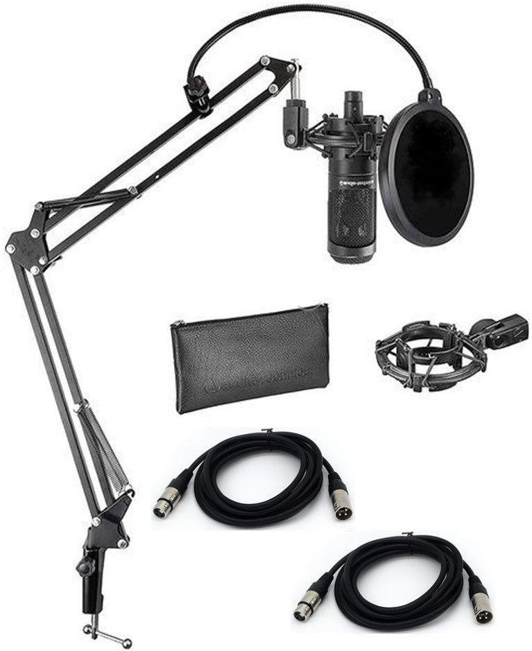 Audio Technica AT2035 Bundle Cardioid Condenser Microphone Bundle with Boom Arm Plus Pop Filter, and 2-Pack of 10-FT Balanced XLR Cables