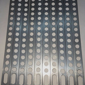 10.5" metal mounting back strap with multiple holes for universal stereo door secure bracket installation.