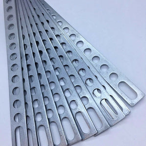 10.5" metal mounting back strap for stereo door secure bracket applications with multiple holes for easy installation.