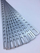 10.5" metal mounting back strap for stereo door secure bracket applications with multiple holes for easy installation.